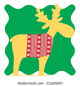 Vector illustration of elk moose toy in knitted sweater with scandinavian pattern