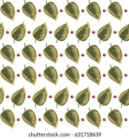 Vector illustration of elm tree leaves seamless pattern and wild berries. Natural botanical print.