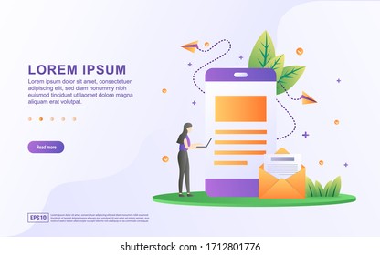 Vector Illustration of Email Marketing concept. Business people are advertising their products via e-mail, promoting them to reach their targets.