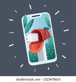 Vector illustration of email marketing and message notification sign. Smartphone on dark background.