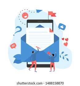 Vector illustration of email marketing & message concept with big letter on mobile with small digital agency managers