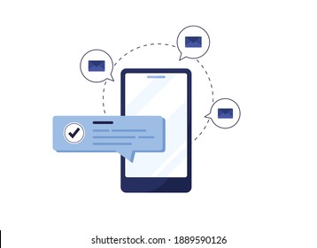 Ilustración vectorial del marketing por correo electrónico y el concepto de mensaje. Carta en un sobre. Boletín telefónico. Chat por teléfono. Diseño plano. Azul. Eps 10