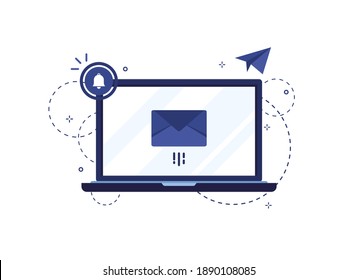 Vector illustration of email marketing and message concept. Letter in an envelope. Laptop with newsletter. Flat design. Blue. On white background. Eps 10