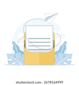Vector illustration of email sending concept. Large envelope with message inside and paper airplane symbolizing fast digital communication, online messaging, and modern correspondence services.