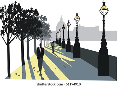 Vector illustration of embankment area London England at dawn with shadows.