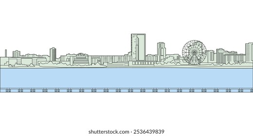 Ilustração vetorial do aterro da cidade de Kazan. Edifícios e uma roda-gigante são representados no fundo.