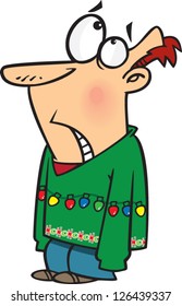 Vector illustration of embarrassed man wearing ugly christmas sweater