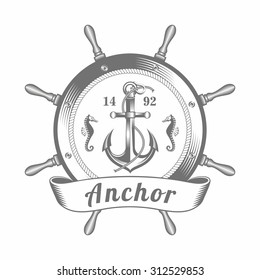 vector illustration of the emblem of the anchor located inside the helm, in the old-fashioned style and line-art style. Can be used as a tattoo / vector illustration emblem anchor
