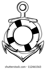 Vector illustration emblem anchor and ring-buoy sketch tattoo