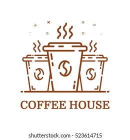 Vector illustration of emblem concept coffee house in line style. Linear brown 3 cups. Icon Design outline object. Coffee shop label, logo, icon.