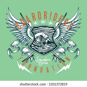 Vector illustration of emblem with elements and surfing. Art in rustic lines.