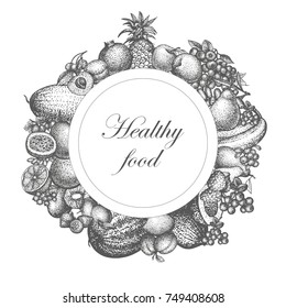 Vector illustration emblem of fruit. Isolated white background. Concept of healthy food. Sketch, hand drawn fruit nutrition. Label raw diet.