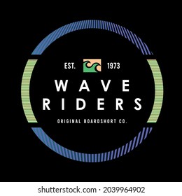 Vector illustration of emblem in graphic style with surfing related text.