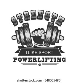 vector illustration emblem gym trainer human hand holding a dumbbell