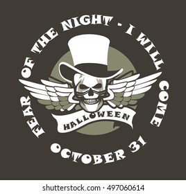 vector illustration emblem for the holiday Halloween skull wearing a hat on a black background