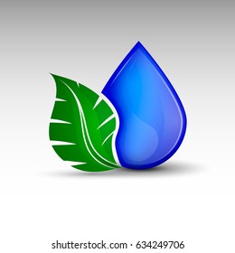 Vector illustration of emblem including water drop and green leaf. 