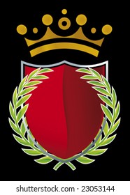 Vector illustration of emblem with laurel wreath, shield and crown. Only global colors. CMYK. Easy color and proportions changes.