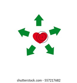 Vector illustration. The emblem, logo. Heart under a sight. Healthy lifestyle. Five arrows diverge from the heart.