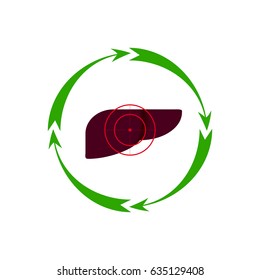 Vector illustration. The emblem, logo. The liver is under the gun. Four arrows around. Different colors.