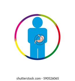 Vector illustration. The emblem, logo. Stomach at gunpoint. Four zones for the description. Different colors.
