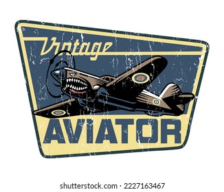 Vector illustration of emblem with old fighter plane.