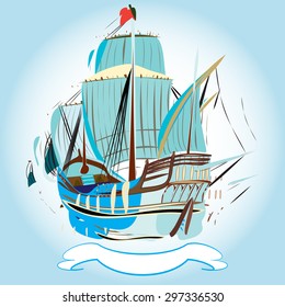 a vector illustration of an emblem with old galleon, with waving sails and flag, banner with space for editing, all in water colored style