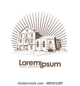 Vector illustration: Emblem with Old Water Mill isolated on white background.