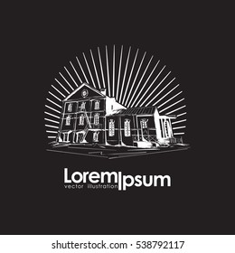 Vector illustration: Emblem with Old Water Mill isolated on black background.