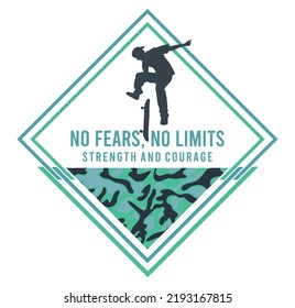 Vector illustration of emblem with text, camouflage texture and skateboarder silhouette.