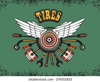 vector illustration emblem tire wheel with wings and instruments