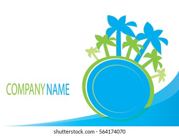 Vector illustration of emblem with tropical tree and ocean. 