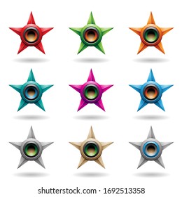 Vector Illustration of Embossed Stars with Colorful Round Loudspeaker Shapes isolated on a White Background