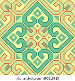 Vector Illustration of embroidered pattern or patchwork on fabric pattern. Abstract colorful doodle pattern in hill tribe style in Thailand. Idea for printing on fabric or wallpaper. 