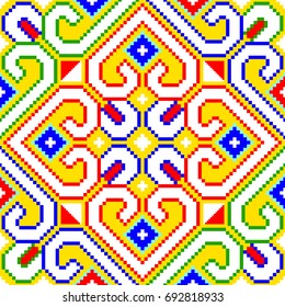 Vector Illustration of embroidered pattern or patchwork on fabric pattern. Abstract colorful doodle pattern in hill tribe style in Thailand. Idea for printing on fabric or wallpaper. 