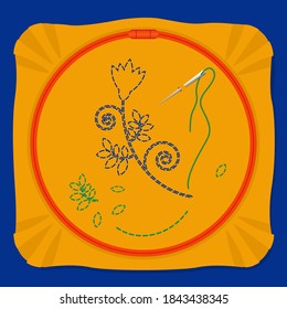 Vector illustration of embroidery. Fabric on the Hoop. Floral embroidery on the fingers. Embroidery.