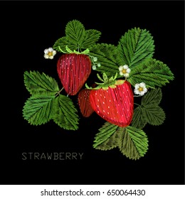 Vector illustration of Embroidery, fancywork with strawberry and flower with green leaf. Decoration, ornament, adornment, dressing on black background.