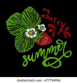 Vector illustration of Embroidery, fancywork with strawberry and flower with green leaf. Decoration, ornament, adornment on black background. Stock vector illustration. Bomber jacket embroidery