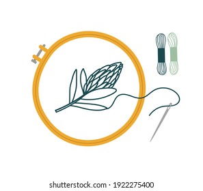 Vector illustration of embroidery hoop with embroidered flower, needle and thread. Hand-drawn illustration in flat style isolated on white background. Embroidery hobby concept.