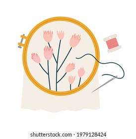 Vector illustration of the embroidery hoop with embroidered flowers, needle, and thread. Hand-drawn illustration in flat style isolated on white background. Embroidery hobby concept.