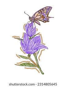 vector illustration and embroidery lines of flower lilac leaves and butterfly with white background