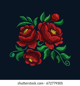 vector illustration. Embroidery with roses and flowers and green leaves. Design graphics for decorations T-shirts, clothing. Printing and embroidery on textile products. Fabric decoration