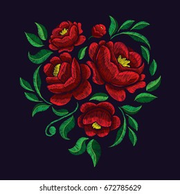 vector illustration. Embroidery with roses and flowers and green leaves. Design graphics for decorations T-shirts, clothing. Printing and embroidery on textile products. Fabric decoration