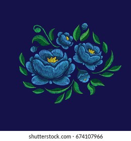 vector illustration. Embroidery with roses and flowers and green leaves. Design graphics for decorations T-shirts, clothing. Printing and embroidery on textile products. Fabric decoration