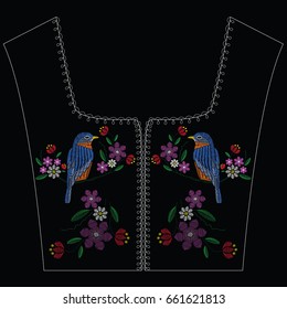 Vector illustration embroidery stitches with bluebird wildflowers, spring flowers in color. Fashion ornament on black background traditional floral decoration. Pattern for textile and fabrics.