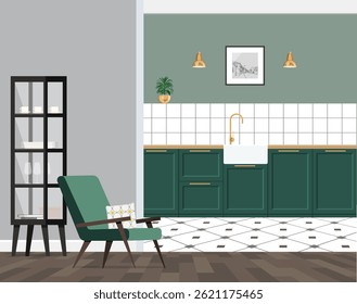 Vector illustration of emerald minimalistic kitchen with black showcase with dishes and green armchair.