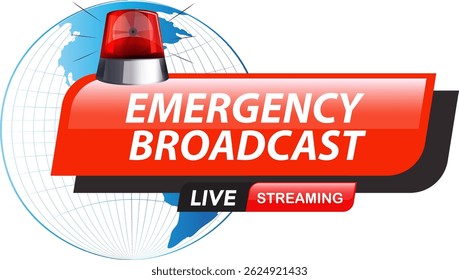 Vector illustration of an emergency broadcast alert with a globe and red siren. Bold colors and modern design