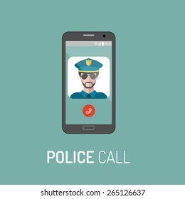 Vector illustration of emergency police call with policeman icon on mobile telephone in trendy flat style