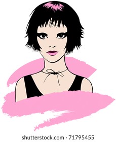 Vector illustration of emo girl with black stylish hair on pink