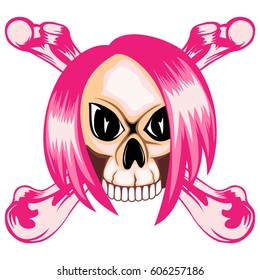 Vector illustration emo girl skull with hair and crossed bones.
