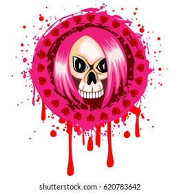 Vector illustration emo girl skull with hair and hearts on grunge background. For t-shirt design.